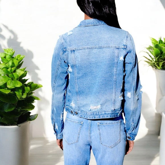 Distressed Tattered Detailing Blue Ripped Button Up Denim Jacket - Picture 8 of 15